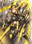  1girl armor blonde_hair gia headgear highres long_hair looking_at_viewer mecha_musume original pink_eyes solo weapon yellow_eyes 