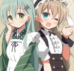  2girls 9law alternate_costume blush brown_hair green_eyes green_hair hair_ornament hairclip highres kantai_collection kumano_(kantai_collection) long_hair looking_at_viewer multiple_girls open_mouth personification ponytail smile suzuya_(kantai_collection) wink 