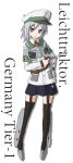  1girl adana blue_eyes character_name flat_chest garter_straps gun hand_on_hip hat leichttraktor military military_vehicle personification pleated_skirt short_hair silver_hair skirt solo tank thigh-highs uniform vehicle weapon world_of_tanks zettai_ryouiki 