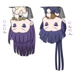  2girls akatsuki_(log_horizon) bread bread_in_mouth chibi denden detached_sleeves food food_in_mouth hand_seal log_horizon mouth_hold multiple_girls nattou ponytail purple_hair ribbon upside-down violet_eyes waitress working!! yamada_aoi 