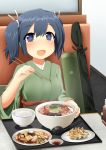  1girl blue_eyes blue_hair bow_(weapon) breasts chopsticks eating food japanese_clothes kantai_collection long_sleeves open_mouth personification quiver ribbon rice_bowl short_hair sitting smile soup souryuu_(kantai_collection) spoon sudo_shinren table twintails weapon wide_sleeves 