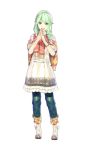  1girl atelier_(series) atelier_shallie green_eyes green_hair hands_together hidari_(left_side) highres nady_elminus official_art pants shawl shoes short_hair skirt smile solo standing white_background 