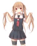  1girl blonde_hair holding_hair kantai_collection kasu_(return) long_hair looking_at_viewer murasame_(kantai_collection) pleated_skirt red_eyes school_uniform serafuku simple_background skirt solo twintails very_long_hair white_background 