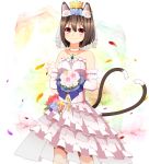  1girl :3 animal_ears aps@shugyouchuu bare_shoulders blush bouquet brown_hair cat_ears cat_tail chen dress earrings flower frilled_dress frills half_gloves heart heart_tail highres holding jewelry looking_at_viewer multiple_tails necklace nekomata red_eyes short_hair sleeveless smile solo tail touhou veil wedding_dress 