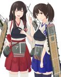  2girls akagi_(kantai_collection) brown_hair hand_on_hip kaga_(kantai_collection) kantai_collection kosame multiple_girls muneate personification side_ponytail smile traditional_clothes v 