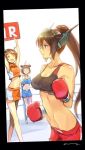  3girls alternate_costume antenna_hair boxing_gloves boxing_ring breasts brown_eyes brown_hair double_bun kantai_collection large_breasts long_hair midriff multiple_girls mutsu_(kantai_collection) nagato_(kantai_collection) naka_(kantai_collection) nonco personification ponytail short_hair sports_bra 