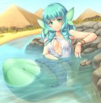 1girl aqua_hair blush bracelet breasts drill_hair green_eyes head_fins jewelry long_hair looking_at_viewer mermaid monster_girl original partially_submerged pyramid sand-rain sasaame smile solo twin_drills water 