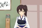  brown_hair comic japanese_clothes kaga_(kantai_collection) kantai_collection muneate short_hair side_ponytail sitting solo sweatdrop yabu_q 