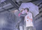  2boys blonde_hair city gotou_hidenori hazama_masayoshi hikarinashi male_focus multiple_boys night overpass rain samurai_flamenco shared_umbrella umbrella 