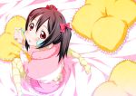  1girl 2c=galore black_hair blush bow from_above hair_bow hair_ornament hairclip long_hair looking_at_viewer looking_up love_live!_school_idol_project open_mouth red_eyes sitting skirt solo sticker striped striped_legwear thigh-highs twintails wariza yazawa_nico yellow_legwear 