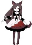  1girl adapted_costume alternate_costume animal_ears ascot brown_hair brown_legwear collar dress full_body imaizumi_kagerou iris_anemone jewelry long_hair long_sleeves pantyhose red_eyes simple_background smile solo tail touhou white_background wolf_ears wolf_tail wrist_cuffs 