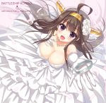  1girl ahoge alternate_costume ameto_yuki artist_name bare_shoulders blush breasts brown_hair character_name cleavage dress elbow_gloves feathers flower from_above gloves hair_flower hair_ornament hairband headgear heart jewelry kantai_collection kongou_(kantai_collection) long_hair looking_up necklace open_mouth personification ring solo violet_eyes wedding_dress white_dress white_gloves 