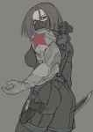  1girl ass bodysuit brown_eyes brown_hair combat_knife cyborg face_mask female genderswap grey_background gun holster marvel mask mechanical_arm mikoyan pistol reverse_grip short_hair skorpion_vz._61 solo soviet star submachine_gun thigh_holster weapon winter_soldier 