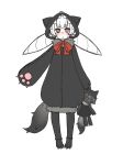 1girl :&lt; animal_hood blush boots cat_hood drill_hair flat_chest gloves hair_ribbon highres hood hoodie jon_henry_nam knee_boots long_hair original pale_skin paw_gloves pink_eyes pointy_ears ribbon solo stuffed_toy tail twin_drills white_hair 