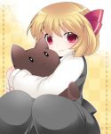  1girl :&lt; blonde_hair blouse commentary_request doll doll_hug hair_ribbon hammer_(sunset_beach) hug looking_at_viewer red_eyes ribbon rumia short_hair skirt skirt_set smile solo stuffed_animal stuffed_toy touhou vest 