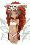  1girl armband arms_behind_back bare_legs bare_shoulders blush bodypaint brown_hair collarbone cropped_legs dark_skin facial_mark fang green_eyes highres jewelry looking_at_viewer midriff navel necklace oota_yuuichi open_mouth original short_hair skull solo tubetop 