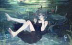  1girl barefoot bou_shaku bubble dress green_eyes green_hair hatsune_miku long_hair shinkai_shoujo_(vocaloid) solo submerged twintails underwater vocaloid 