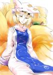  2girls animal_ears blonde_hair cat_ears chen dress ear_piercing fox_tail hat hat_with_ears jewelry long_sleeves looking_at_viewer mob_cap multiple_girls multiple_tails piercing single_earring sinzan sitting smile solo tabard tail touhou white_dress yakumo_ran yellow_eyes 