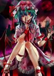  1girl alcohol ascot bat_wings blood blood_on_fingers blue_hair bow cup dress frilled_dress frills full_moon hat hat_ribbon lips loalo mary_janes mob_cap moon night pink_dress red_eyes red_moon remilia_scarlet ribbon shoes short_hair sitting smile socks solo touhou upskirt white_legwear wine wine_glass wings wrist_cuffs 