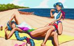  2girls 90s beach beach_towel blue_hair boat bow braid casual_one-piece_swimsuit clouds dithering facial_mark forehead_mark hair_bow hand_to_head happy kneeling long_hair lying masaki_sasami_jurai mother_and_daughter multiple_girls one-piece_swimsuit pink_eyes pixel_art removing_sunglasses sand sky smile spiky_hair sunglasses swimsuit tenchi_muyou! tongue tongue_out tsunami_(tenchi_muyou!) very_long_hair water waves 