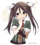  1girl brown_eyes brown_gloves brown_hair commentary_request elbow_gloves gloves hair_ribbon hand_to_own_mouth ica kantai_collection laughing long_hair looking_at_viewer pointing ribbon smile solo tone_(kantai_collection) translation_request twintails twitter_username 