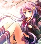  1girl blue_eyes blush cannon covering covering_crotch crescent_hair_ornament gun hair_ornament highres kantai_collection long_hair long_sleeves looking_at_viewer parted_lips personification purple_hair sakura_ani school_uniform serafuku short_hair short_hair_with_long_locks sitting skirt solo weapon yayoi_(kantai_collection) 