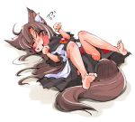  1girl animal_ears barefoot brooch brown_hair closed_eyes commentary_request flying_sweatdrops highres imaizumi_kagerou jewelry long_hair long_sleeves lying on_back open_mouth paw_pose shinapuu shirt simple_background skirt solo submissive tail touhou very_long_hair wavy_mouth white_background wide_sleeves wolf_ears wolf_tail 