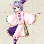  1girl asa_(ces6ces8) folded_leg grey_background grey_eyes hat japanese_clothes kariginu looking_at_viewer mononobe_no_futo open_mouth outstretched_arms pom_pom_(clothes) shadow short_hair silver_hair simple_background solo spread_arms standing_on_one_leg tate_eboshi touhou 