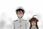  1boy 1girl admiral_(kantai_collection) ahoge brown_hair comic detached_sleeves double_bun hairband headgear japanese_clothes kantai_collection kongou_(kantai_collection) long_hair nontraditional_miko side_ponytail square_mouth yabu_q |_| 