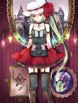  1girl alternate_costume arm_belt bare_shoulders black_legwear blonde_hair boots bow card chain cross-laced_footwear crystal flandre_scarlet garter_straps hay highres joker long_hair mimoto_(aszxdfcv) playing_card red_eyes skirt skull solo thigh-highs touhou very_long_hair wings 