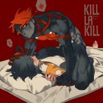  1boy 1girl bandaid black_hair black_skin blanket hand_on_head kill_la_kill matoi_ryuuko personification pillow red_background red_eyes redhead rei_(sanbonzakura) senketsu short_hair sleeping yellow_sclera 