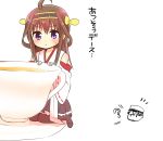  1boy 1girl admiral_(kantai_collection) ahoge bare_shoulders brown_hair chibi comic cup detached_sleeves double_bun hair_ornament hairband headgear highres japanese_clothes kantai_collection kongou_(kantai_collection) long_hair nontraditional_miko ouhara_lolong personification size_difference spoken_question_mark tea teacup translation_request 