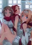  3girls abec absurdres blue_eyes breasts brown_hair character_request dress highres knees_up multiple_girls red_eyes redhead sitting skirt sword_art_online tagme window 