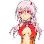  1girl bare_shoulders blush breasts center_opening cleavage detached_sleeves guilty_crown hair_ornament hairclip long_hair looking_at_viewer pink_hair red_eyes solo twintails yuzuriha_inori 