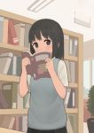  1girl black_eyes black_hair blush book bookshelf covering_mouth embarrassed highres library long_hair musuka original school_uniform shy skirt solo 