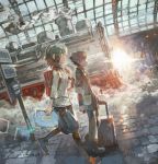  1boy 1girl backpack bag dated glasses green_hair highres konno_takashi_(frontier_pub) locomotive original profile short_hair sign sketchbook smile steam steam_locomotive suitcase train train_station walking 