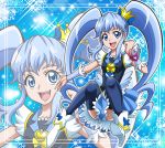  1girl :d black_legwear blue_background blue_eyes blue_hair blue_skirt crown cure_princess frills hanzou happinesscharge_precure! light_particles long_hair magical_girl mini_crown necktie open_mouth payot precure shirayuki_hime shoes skirt smile solo sparkle thigh-highs twintails wrist_cuffs zoom_layer 