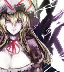  1girl blonde_hair bow breasts chiruru96 choker cleavage face frills hat hat_bow large_breasts lips long_hair mob_cap parted_lips pink_eyes portrait puffy_sleeves short_sleeves simple_background smile solo touhou yakumo_yukari 