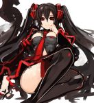  1girl black_hair black_legwear brown_eyes detached_sleeves long_hair pupps small_breasts smile solo thighs twintails very_long_hair 