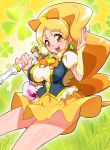  1girl blonde_hair breasts cure_honey earrings happinesscharge_precure! heart iruka-margarine jewelry large_breasts long_hair magical_girl oomori_yuuko open_mouth ponytail precure skirt solo yellow_eyes yellow_skirt 