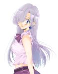  1girl aipe blue_eyes blush earrings elizabeth_liones eyelashes hair_over_eyes hair_over_one_eye jewelry long_hair looking_at_viewer nanatsu_no_taizai purple_shirt purple_skirt shirt silver_hair simple_background skirt solo white_background 