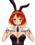  1girl animal_ears bare_shoulders blue_eyes blush breasts bunnysuit cleavage detached_collar earrings gloves jewelry large_breasts looking_at_viewer necktie original rabbit_ears redhead short_hair simple_background solo white_background white_gloves zaxwu 