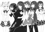  akemi_homura akuma_homura argyle argyle_legwear blush bow_(weapon) braid elbow_gloves gloves hair_ribbon hairband kaname_madoka long_hair magical_girl mahou_shoujo_madoka_magica mahou_shoujo_madoka_magica_movie monochrome multiple_girls multiple_persona pantyhose pom_(nekojita) ribbon school_uniform shield short_hair short_twintails simple_background skirt smile spoilers thigh-highs twin_braids twintails weapon white_background 