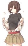  1girl brown_eyes brown_hair hyuuga_(kantai_collection) japanese_clothes kantai_collection kasu_(return) looking_at_viewer partially_undressed pleated_skirt short_hair simple_background skirt solo undressing white_background 