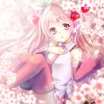  1girl cherry cherry_blossoms detached_sleeves food food_as_clothes food_themed_clothes fruit hand_on_own_chest hatsune_miku long_hair looking_at_viewer maronie. necktie pink_eyes pink_hair sakura_miku skirt solo thigh-highs vocaloid 