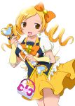  1girl blonde_hair bow bowtie brooch brown_eyes color_connection cosplay cure_honey cure_honey_(cosplay) drill_hair earrings frills hair_bow happinesscharge_precure! jewelry kemoribon long_hair magical_girl mahou_shoujo_madoka_magica precure skirt smile solo tomoe_mami twin_drills twintails wand white_background wrist_cuffs yellow_skirt 