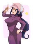  1girl ;d @@@ \m/ breasts coat freckles gundam gundam_build_fighters hat long_hair long_sleeves low-tied_long_hair mihoshi_(gundam_bf) open_mouth ponytail purple_hair smile solo star violet_eyes wink 