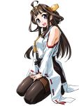  1girl ahoge bare_shoulders blush brown_hair detached_sleeves double_bun hairband japanese_clothes kantai_collection kongou_(kantai_collection) long_hair looking_at_viewer nontraditional_miko open_mouth personification sasayuki simple_background skirt smile solo thigh-highs white_background 
