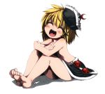  1girl ^_^ barefoot blonde_hair blush closed_eyes crescent feet harusame_(unmei_no_ikasumi) hat lunasa_prismriver open_mouth short_hair sitting skirt smile solo topless touhou white_background 