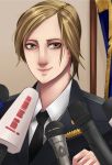  1girl bangs brown_eyes brown_hair highres kuma_x lips microphone military military_uniform natalia_poklonskaya necktie nose parted_bangs real_life short_hair smile solo uniform 